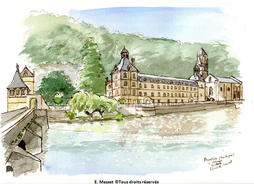 Brantôme - L'abbaye. Encre sépia et aquarelle. Août 2016.