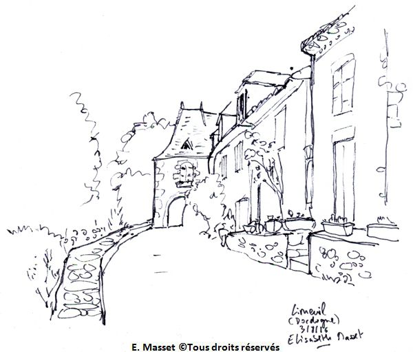 Limeuil. Croquis vite fait (debout, 5mn, au stylo, à main levée). Août 2016.