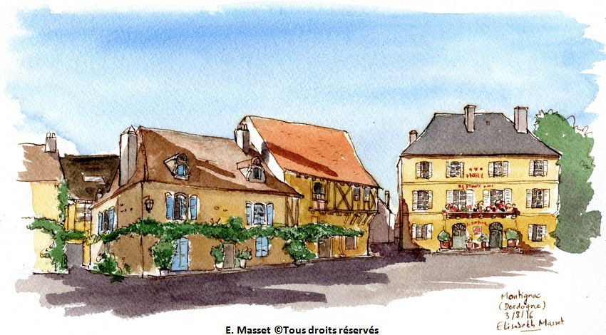 Montignac, la seule place intéressante, en fin de journée. Encre sépia et aquarelle. Août 2016.