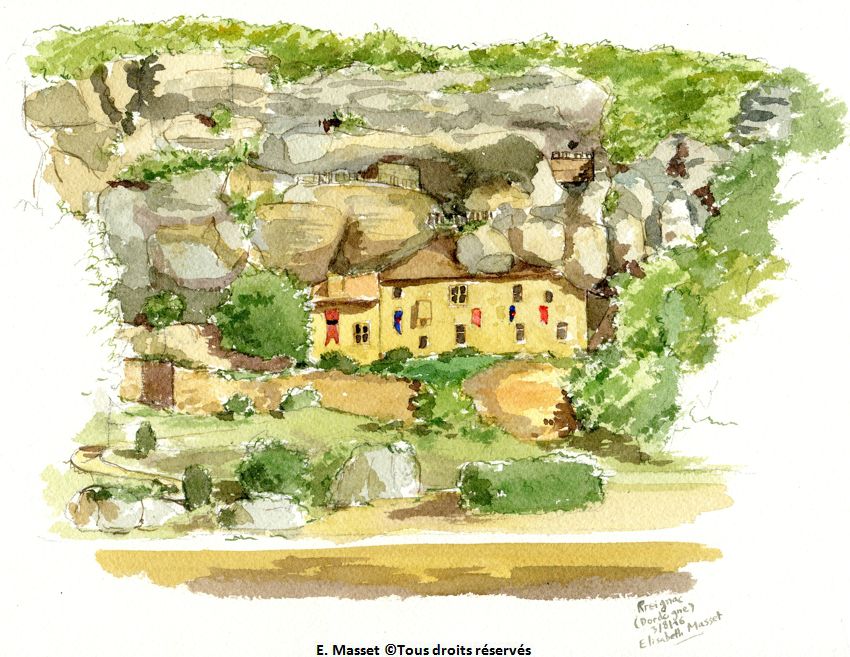 Maison forte de Reignac. Une maison à moitié troglodyte, dont la couleur se fond dans celle de la Roche. Pas facile de rendre, à l'aquarelle, la profondeur et la hauteur.  Aquarelle. Août 2016.