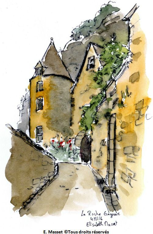 La Roche-Gageac, en bordure de Dordogne. On le voit sur le dessin, croquis à main levée, il commençait à pleuvoir ! Cette fois, il a fallu renoncer et rentrer à l'hôtel. Croquis au stylo et un peu de couleur. Août 2016.