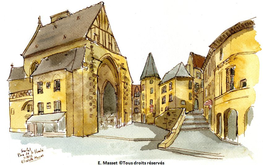 Sarlat. Place de la Liberté. Quel dommage, le jour de Sarlat, il faisait gris. Tant pis ! Les couleurs sont moins contrastées. Encre sépia et aquarelle. Août 2016.