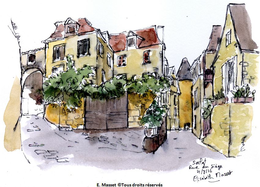 Sarlat. Rue du siège. Croquis au stylo, coloré. Toujours le ciel gris. Croquis au stylo et un peu de couleur. Août 2016.