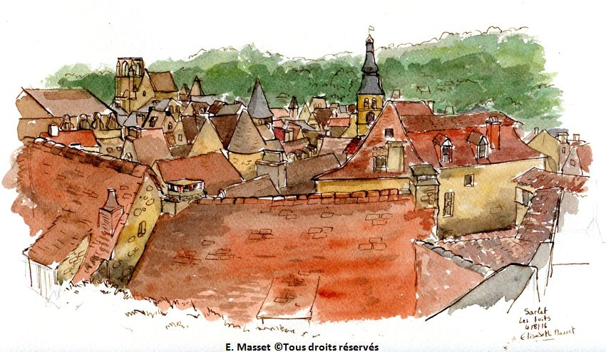 Sarlat. Les toits, vus des remparts. Exercice de détail ! Et toujours le ciel gris, pas d'ombres, ce qui oblige à jouer sur les couleurs des toits pour créer l'effet volume. Encre sépia et aquarelle. Août 2016.