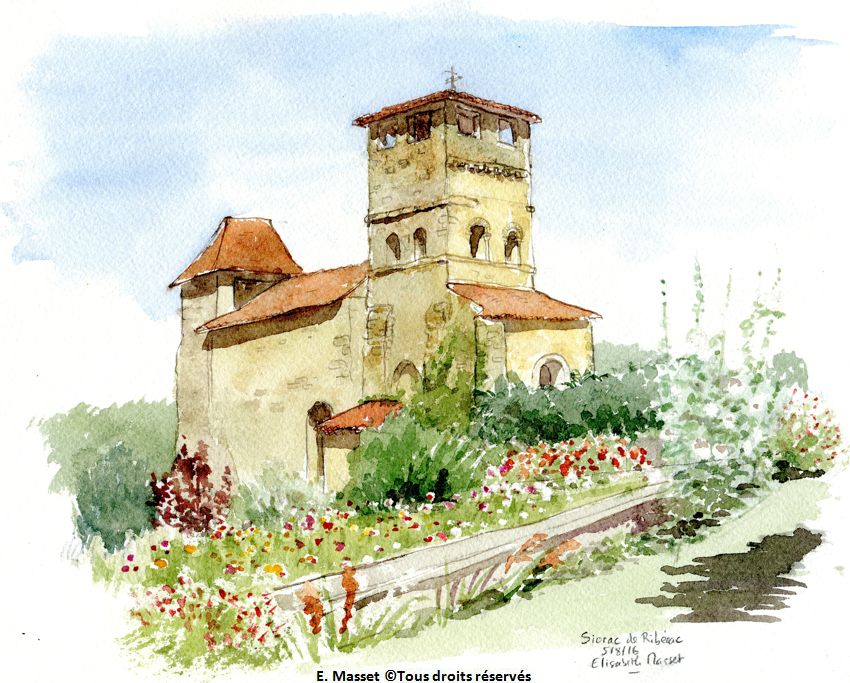 Sioracde Riberac. Dès le lendemain, soleil revenu. Jolie église près de Ribérac, la diversité des fleurs m'a amenée à réitérer la technique du dessin à l'aquarelle. Aquarelle. Août 2016.