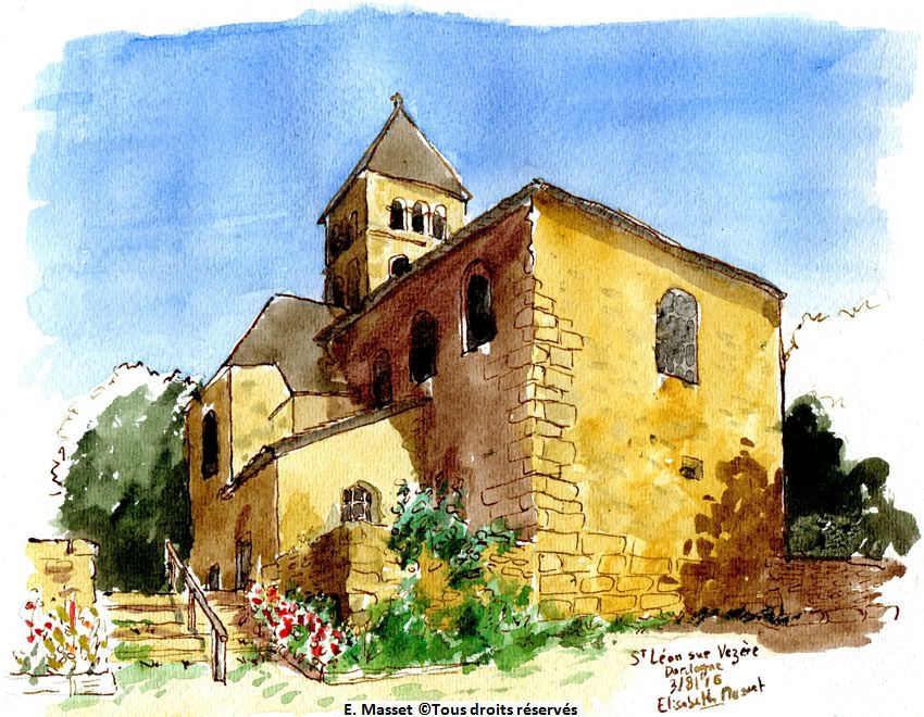 Staint Leon sur Vezere. Une église assez quelconque mais j'ai renforcé les contrastes, pour l'exercice. Encre sépia et aquarelle. Août 2016.