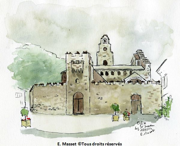 L'église de Luz St Sauveur.Croquis au stylo et aquarelle. Août 2017.