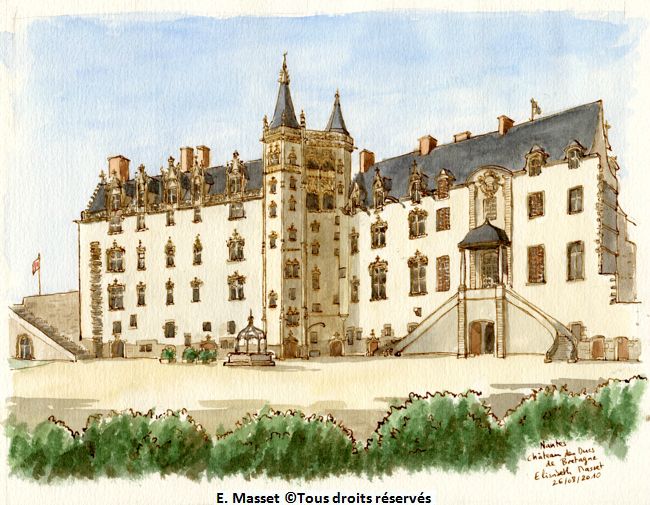 Nantes, le château des Ducs de Bretagne.Une commande de mon collègue Jérôme. Août (le dessin) et Octobre (la couleur) 2010.