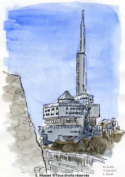 le Pic du midi, le bâtiment interministériel.Croquis au stylo et aquarelle. Août 2017.