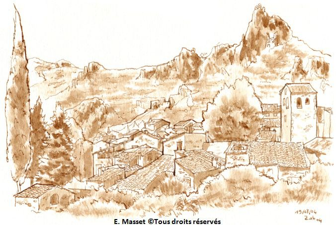 Saint Guilhem le Désert (Hérault).Dessin à l'encre sépia et lavis sépia. Août 2004.