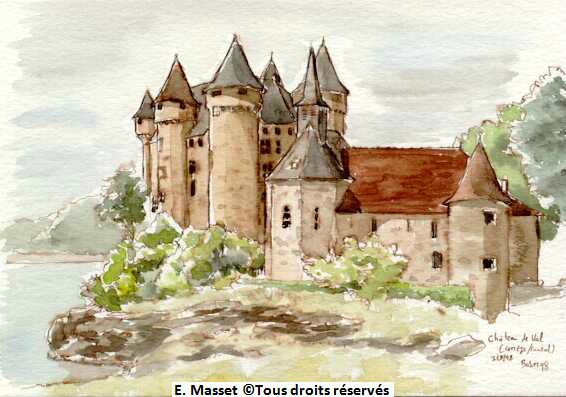 Le château de Val, près de Bort les Orgues en Corrèze.Naturellement, quand il a été construit il ne surplombait pas un lac artificiel. Août 1998.