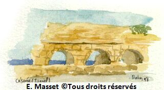Les vestiges de l'aqueduc de Césarée, en Israël.Croquis vite fait pendant un voyage en Terre Sainte. Février 1998.