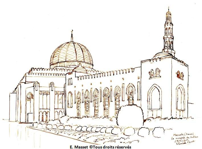 La mosquée de Mascate, capitale du Sultanat d'Oman.Pas besoin de couleur, c'est tout blanc. Décembre 2013.