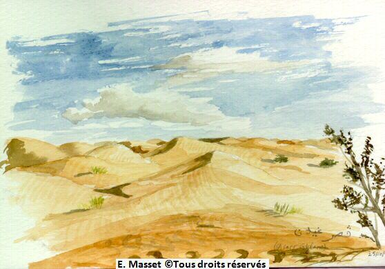 Le désert tunisien près de Ksar Guilane. Au dessus de la signature, le guide a précisé le nom en arabe. Octobre 1997.