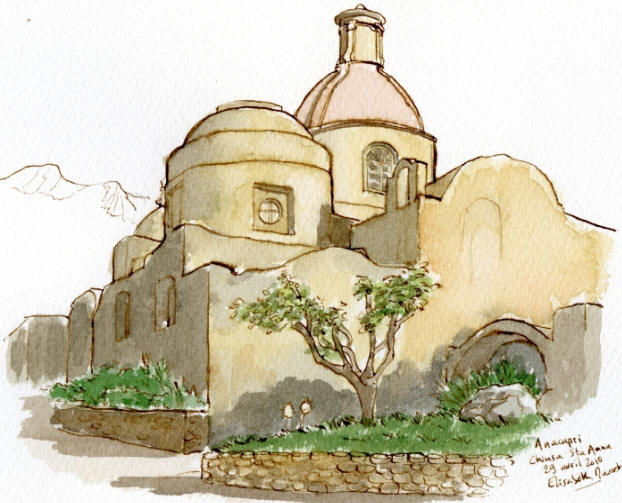 Anacapri, Chiusa Santa Sofia. Et non santa Anna, comme je l'ai distraitement indiqué sur le dessin. Vite fait, pour capter le coucher du soleil. Avril 2010.
