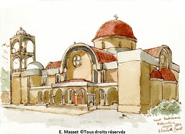 L'église moderne de Kakopetria.Ce n'est qu'une fois le dessin fini que mon ami Pierre, qui avait exploré la ville pendant ce temps, m'a annoncé qu'il y avait tout un vieux village adorable... Je ferai peut être un dessin d'après photo, plus tard !  Avril 2009.