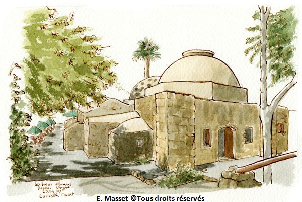 Les bains ottomans de Paphos.Un dessin assez compliqué car ce n'était pas la vue la plus intéressante de ce bâtiment, mais la seule où je pouvais m'installer. Petite erreur de perspective sur le pilier central. Au passage, le restaurant-snack que l'on voit en arrière plan est très agréable, très calme, pas cher, et j'y ai mangé le meilleur avocat de ma vie.  Avril 2009.