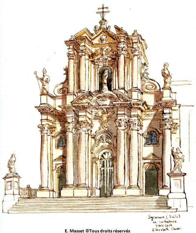 Syracuse, île Ortigia, la cathédrale, version encre. Avril 2014