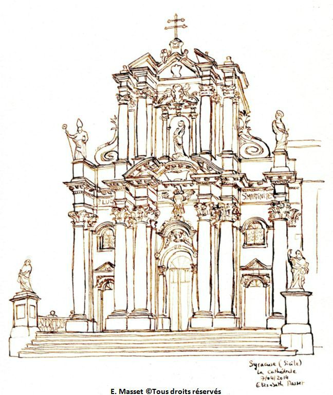 Syracuse, île Ortigia, la cathédrale, version encre. Avril 2014