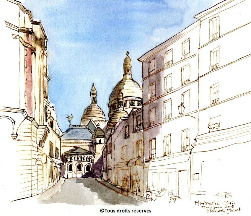 Paris, la Basilique depuis une rue de Montmartre.Juin 2018.