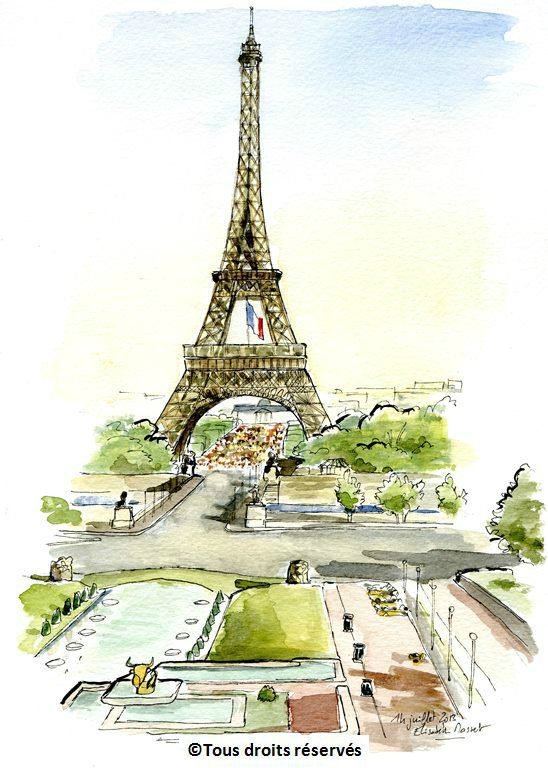 Préparatifs du feu d'artifice du 14 juillet à Paris. Une vue exceptionnelle de la Tour Eiffel, j'étais vraiment privilégiée, seule sur la terrasse du palais de Chaillot. C'est mon frère Damien qui a eu l'idée du drapeau sous le deuxième étage. Il en est très fier et il a raison. 14 juillet 2013. Collection Sophie Masset
