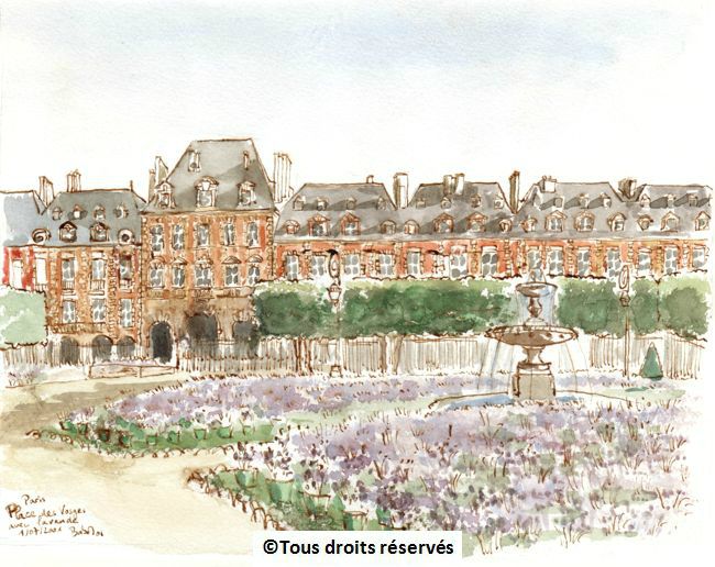 Paris, place des Vosges. Un groupe de producteurs de lavande étaient venus recouvrir la place de pots de cette belle plante parfumée. Un petit air de Provence à Paris. Juillet 2001.