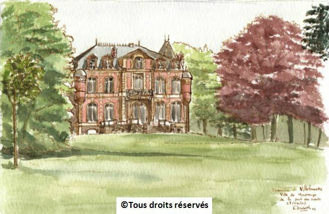 Le château de Villelouvette (Essonne), propriété de la ville de Montrouge. Aquarelle offerte au maire en remerciement du prêt du lieu pour un camp scout. Hello, Jean-Loup. Avril 2003. Collection Mairie de Montrouge