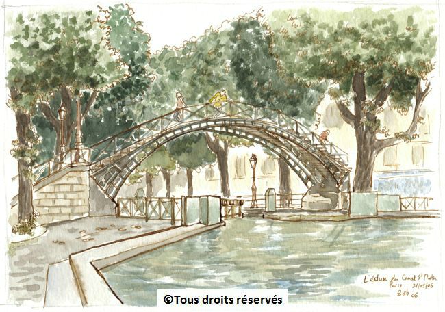 L'écluse du canal St Martin à Paris.Pas de soleil... des arbres et encore des arbres... Mai 2006.Collection François & Kazuya
