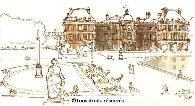 Paris, le Palais du Luxembourg (le Sénat).Je n'ai pas pu terminer le dessin, le gardien du jardin m'a expulsée du coin d'herbe où j'étais assise. Pelouse interdite même aux artistes. Juin 2000