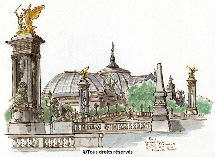 Paris, le grand Palais depuis l'esplanade des Invalides. ... mais je fais la couleur quand même, d'après photos. Cependant, les couleurs sont nettement moins vives que quand je fais tout sur place.Septembre  2012. 