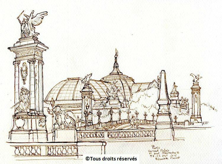 Paris, le grand Palais depuis l'esplanade des Invalides. Certains préfèrent mes dessins à l'encre. Alors quand je peux le scanner à temps...Septembre  2012.  