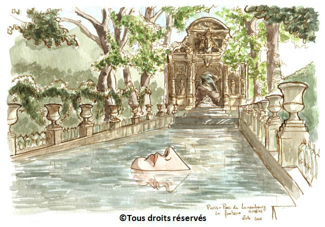 Paris, un bassin dans le Jardin du Luxembourg.Le dessin à l'encre avait été fait en 2006, d'où la statue dans l'eau, qui n'était plus là au moment de la mise en couleurs en 2007. Mai 2006-Avril 2007.Collection Piquet-Bonfils