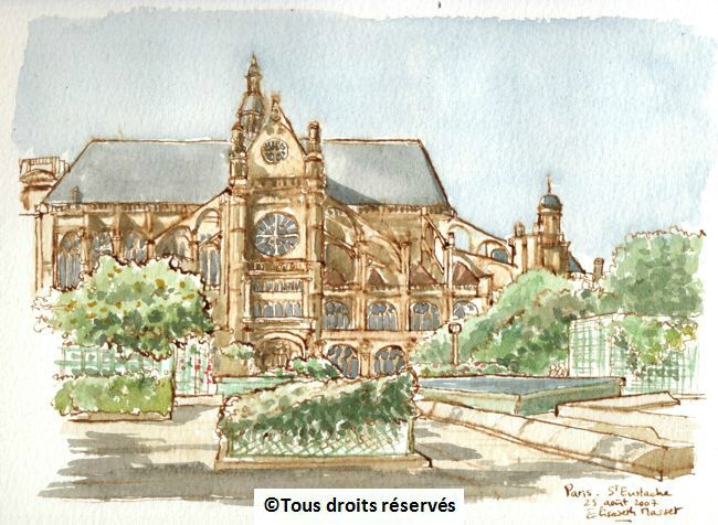 EgliseSaint Eustache, à Paris.J'avais oublié mon crayon, j'ai fait le dessin à l'encre à main levée, chaud ! Ce dessin a été utilisé par les éditions Ricordi pour illustrer les partitions d'Eugène Walckiers, compositeur qui a vécu là au 19ème siècle. Août 2007.Collection Beninca