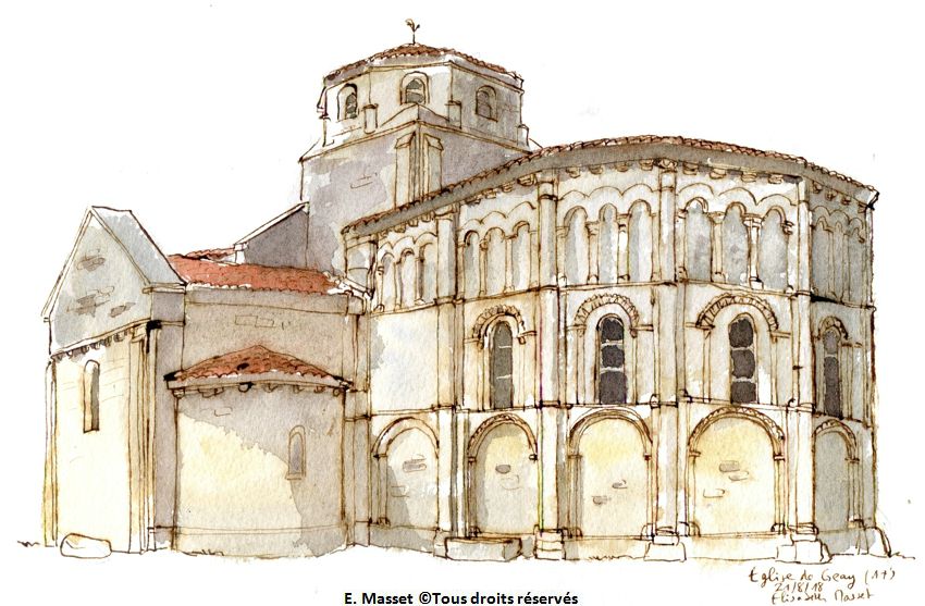Geay .La plus ancienne église romane de la région, m'a dit le lointain cousin par alliance qui m'a suggéré de faire ce dessin. Encre et aquarelle. Août 2018.
