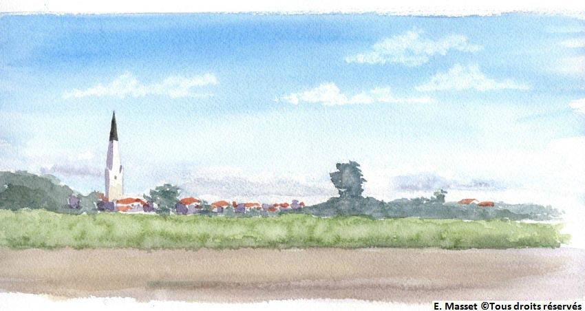 Cours d'aquarelle à RéArs en Ré depuis la campagne. Aquarelle. Août 2018.