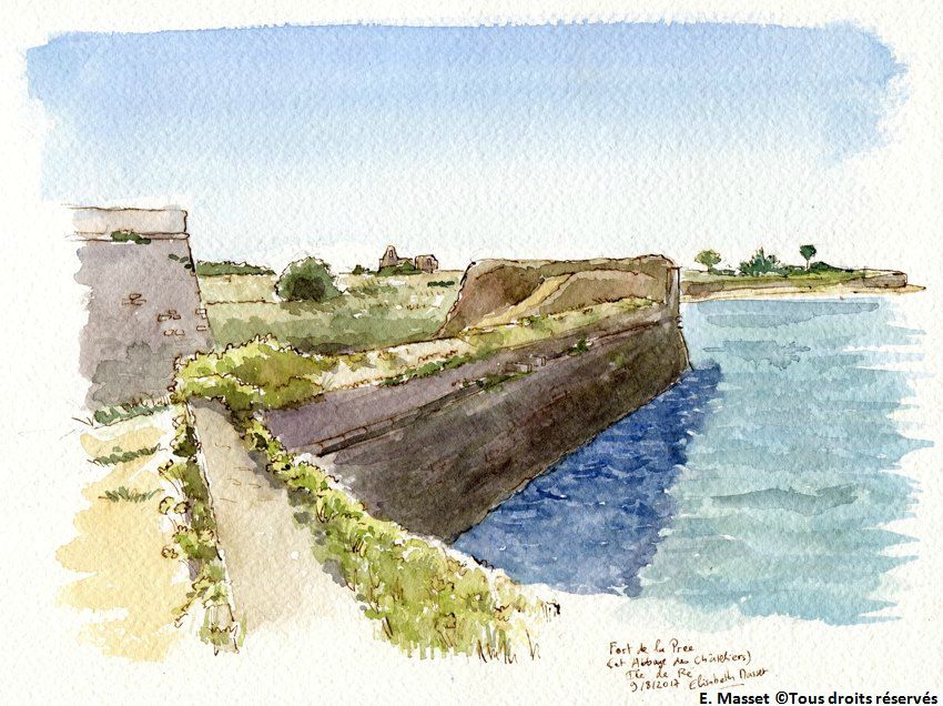 Ile de Ré, Fort de la PréeVue du corps de garde, avec au fond, l'abbaye des Châteliers. Encre et aquarelle. Août 2017.