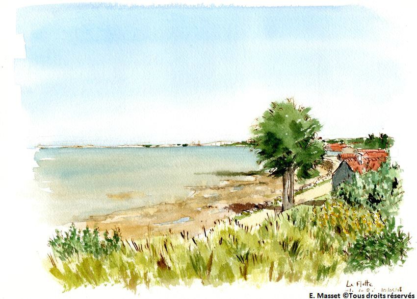 Ile de Ré. Le front de mer entre St Martin et la Flotte. Aquarelle et encre. Mai 2018. Collection Sophie Masset