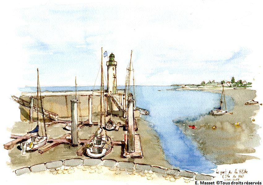 Ile de Ré. Le port de la Flotte à marée basse. Aquarelle et encre. Avril 2018. Collection Sophie Masset