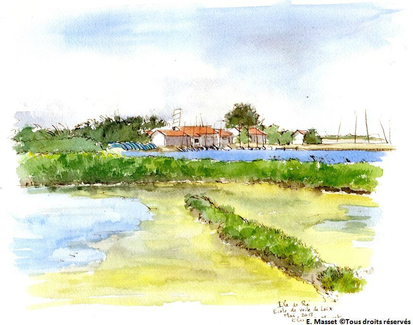 Ile de Ré. L'école de voile de Loix. Aquarelle et encre. Mai 2018.