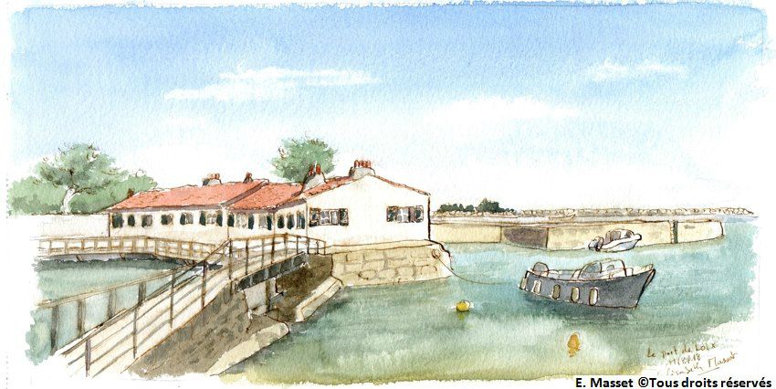 Loix .L'arrivée sur le port par la piste cyclable. Encre et aquarelle. Août 2018.