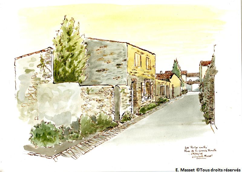 Ile de Ré, les PortesPetite rue très très calme. Déserte, en fait, comme tout le village en février. Encre et aquarelle. Février 2016.