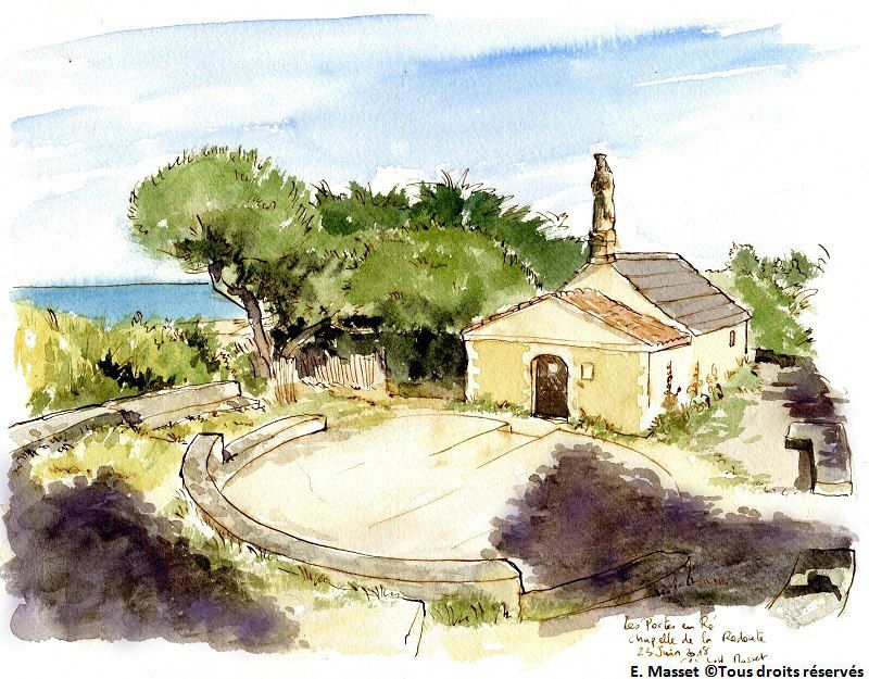 Ile de Ré, Les PortesChapelle de la Redoute. Encre et aquarelle. Juin 2018.