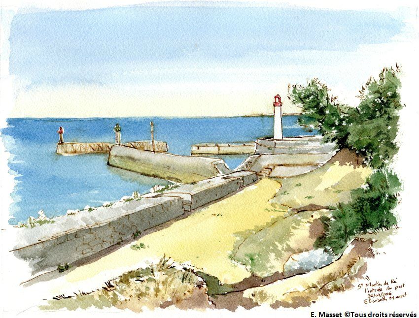 Ile de Ré, Saint Martin de RéLe phare, depuis les remparts derrière la capitainerie. Encre et aquarelle. Juillet 2016.