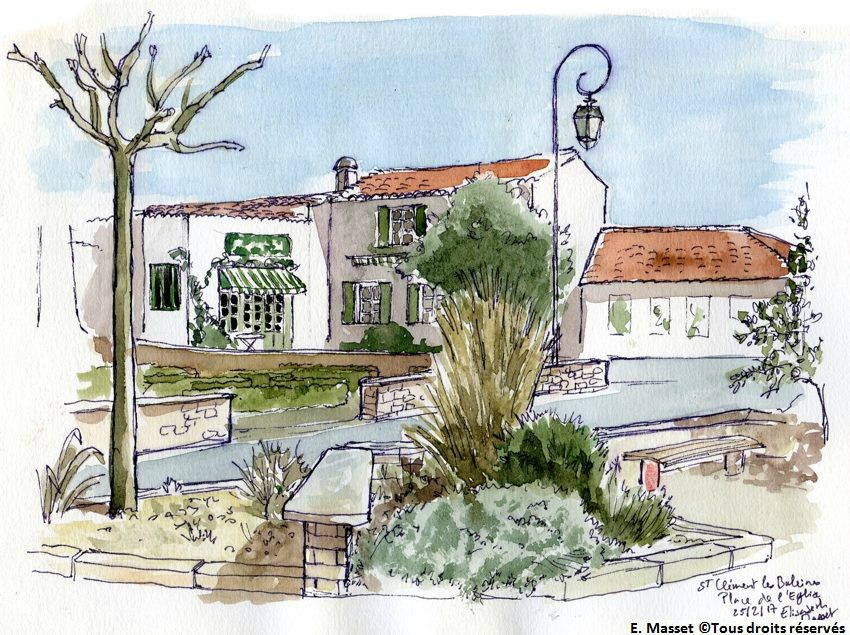 Ile de Ré, Saint Clément des BaleinesDevant l'église. Croquis au stylo et aquarelle. Février 2016.