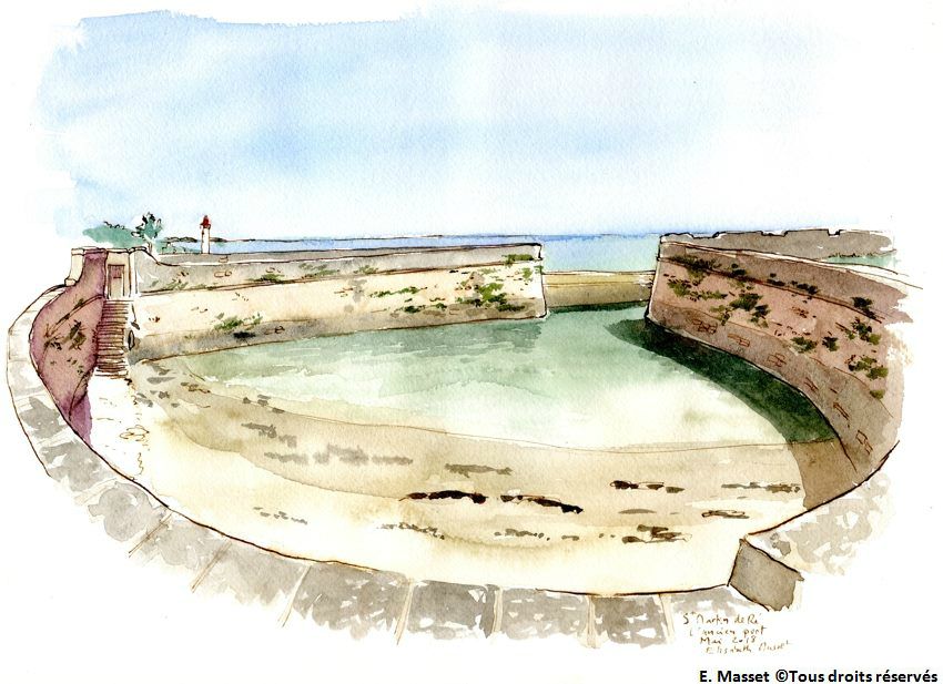 Ile de Ré. L'ancien port à St Martin, devant la citadelle. Aquarelle et encre. Mai 2018.