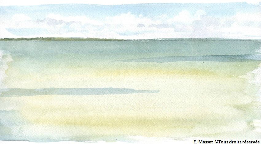 Cours d'aquarelle à RéLa mer depuis les remparts de Saint Martin de Ré. Travail sur l'eau et le ciel. Aquarelle. Août 2018.