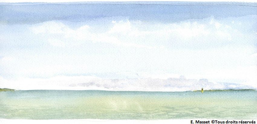 Cours d'aquarelle à RéLa mer depuis les remparts de Saint Martin de Ré. Travail sur l'eau et le ciel. Aquarelle. Août 2018.