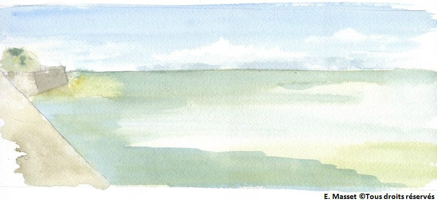 Cours d'aquarelle à RéLa mer depuis les remparts de Saint Martin de Ré. Travail sur l'eau et le ciel. Aquarelle. Août 2018.