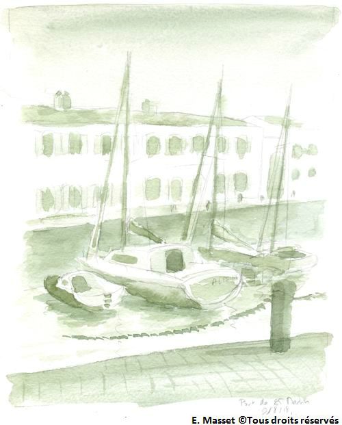 Cours d'aquarelle à RéCroquis sur le port de Saint Martin de Ré. Travail sur le monochrome. Aquarelle. Août 2018.