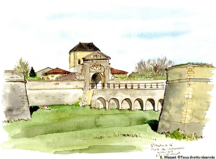 Ile de Ré. Porte des Campanies à St Martin. Aquarelle et encre. Avril 2018. Collection Marsan.